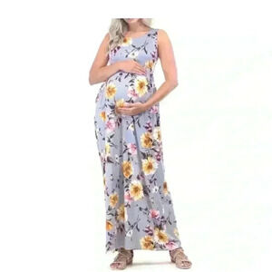 🆕 Beeuniq Maternity Gray Floral Ruched Sleeveless Maxi Dress M🆕